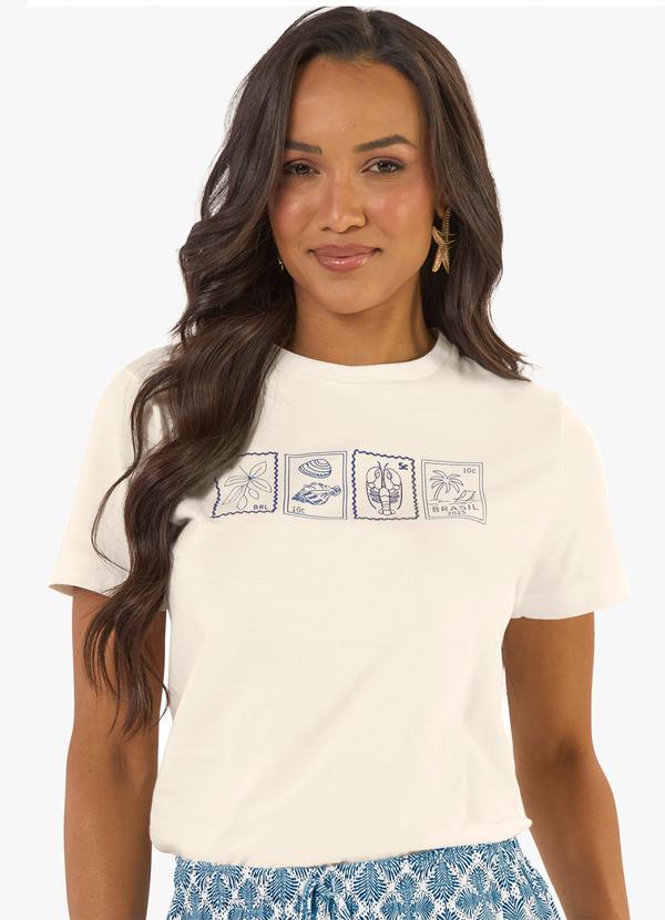T-Shirt Feminina Meia Malha com Estampa Bege