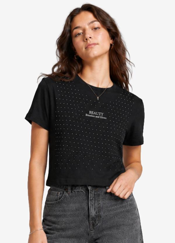 T-Shirt Feminina Meia Malha com Estampa Preto