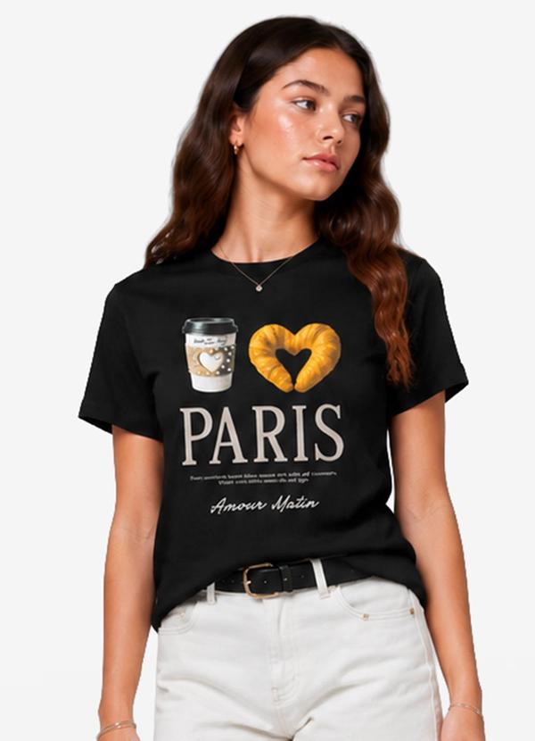 T-Shirt Feminina Meia Malha com Estampa Preto