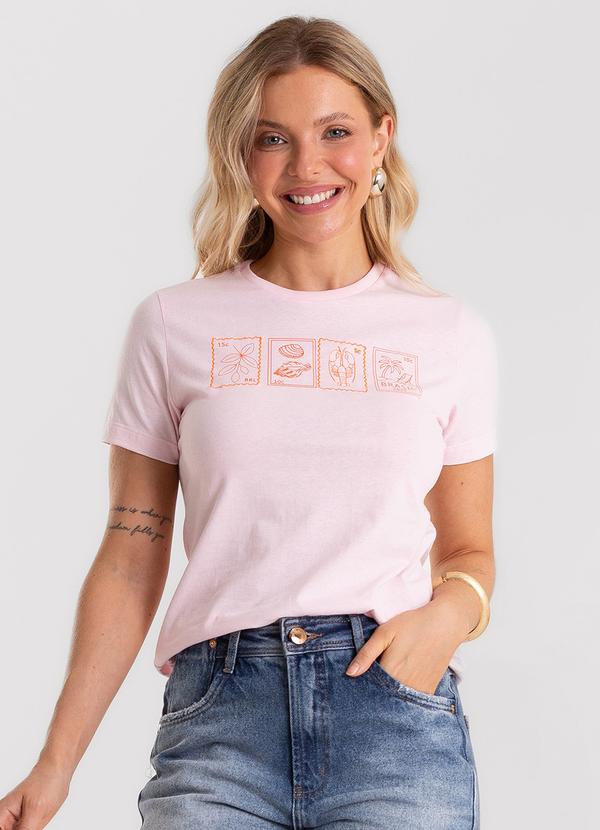T-Shirt Feminina Meia Malha com Estampa Rosa