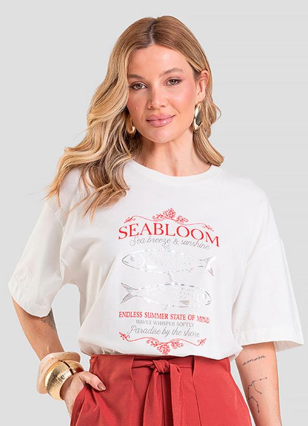 T- Shirt Oversized Feminina Estampada Bege