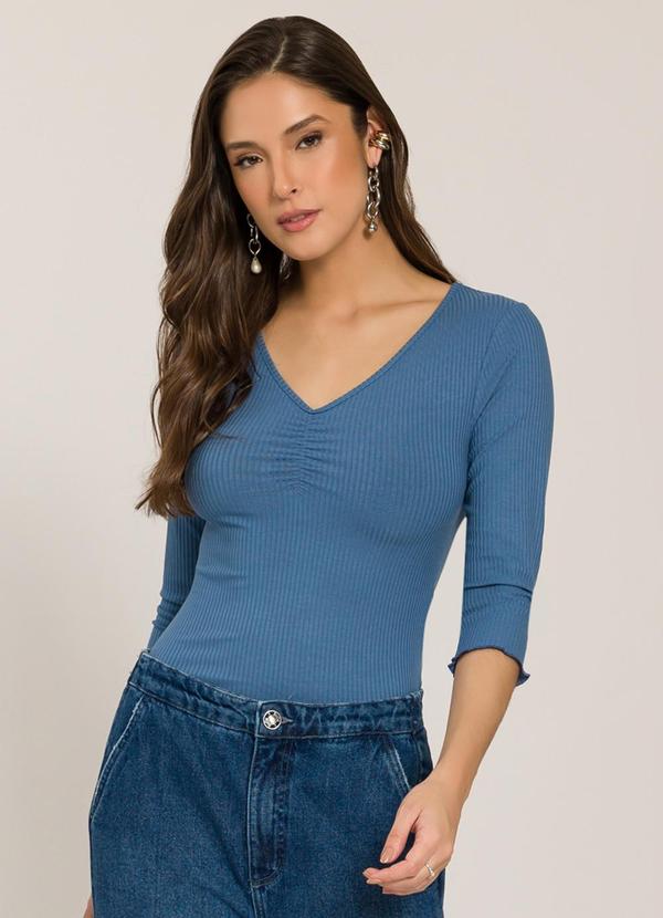 Blusa 3/4 em Ribana com Franzido Azul