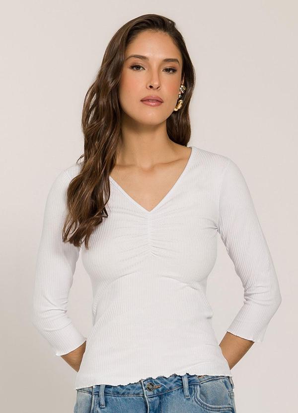 Blusa 3/4 em Ribana com Franzido Branco