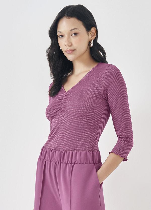 Blusa 3/4 em Ribana com Franzido Roxo