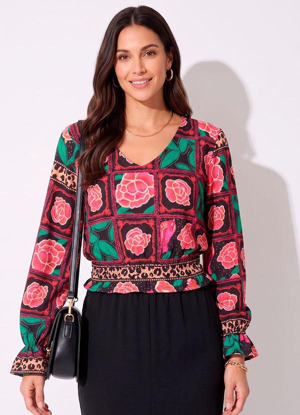 Blusa Animal Print Floral com Elástico