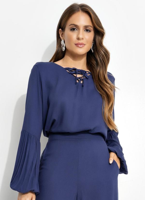Blusa Manga Longa Azul em Viscose com Decote Transpassado e Elástico