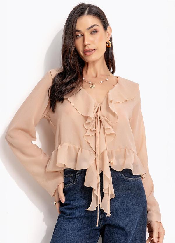Vista 2 Blusa Babados Bege em Chiffon Quintess Quintess
