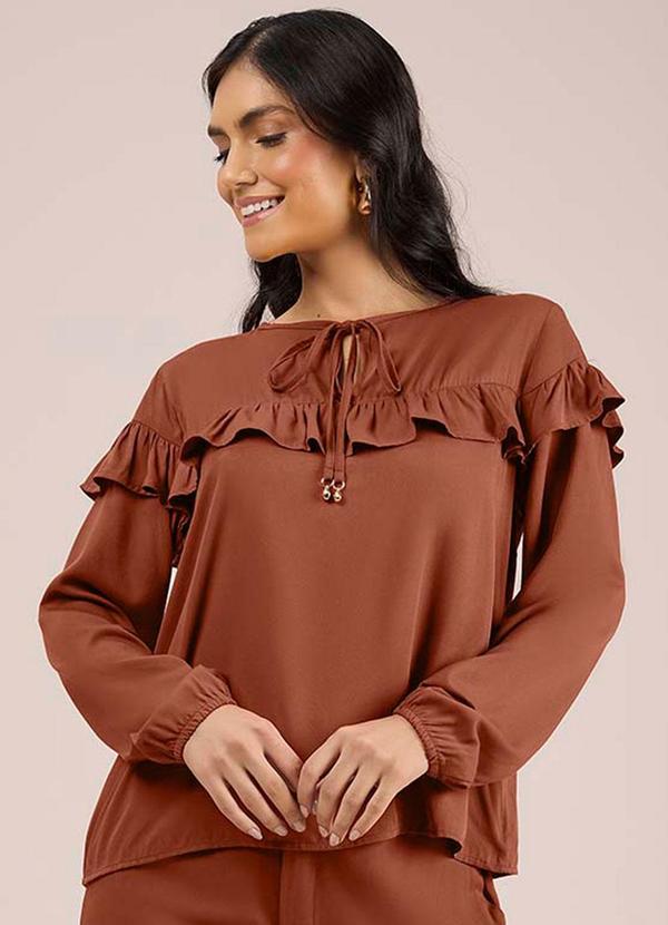 Vista 2 Blusa Babados Viscose Lisa Marrom Angel Angel