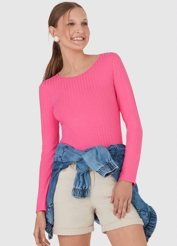 Vista 2 Blusa Básica Canelada Manga Longa Rosa Malwee Malwee