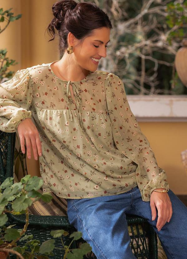 Blusa Bata Floral Verde Menta em Chiffon Manga Longa com Amarração