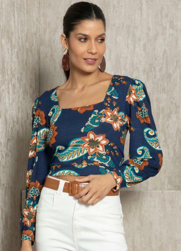 Blusa Boho Marinho Decote Quadrado