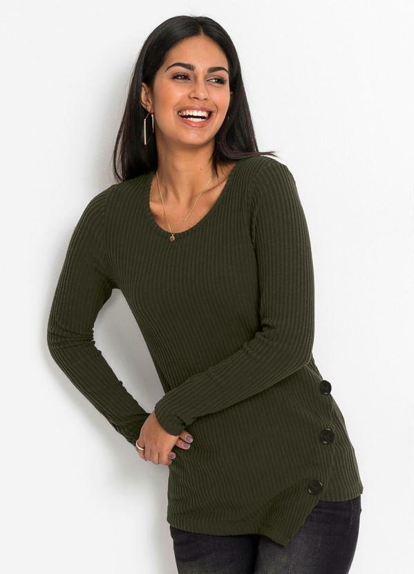 Blusa Canelada com Botões Laterais Verde Oliva