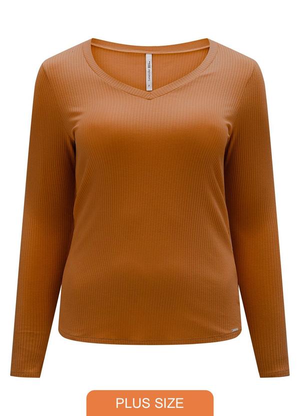 Vista 2 Blusa Canelada com Decote em V Laranja Lunender Mais Mulher Lunender Mais Mulher