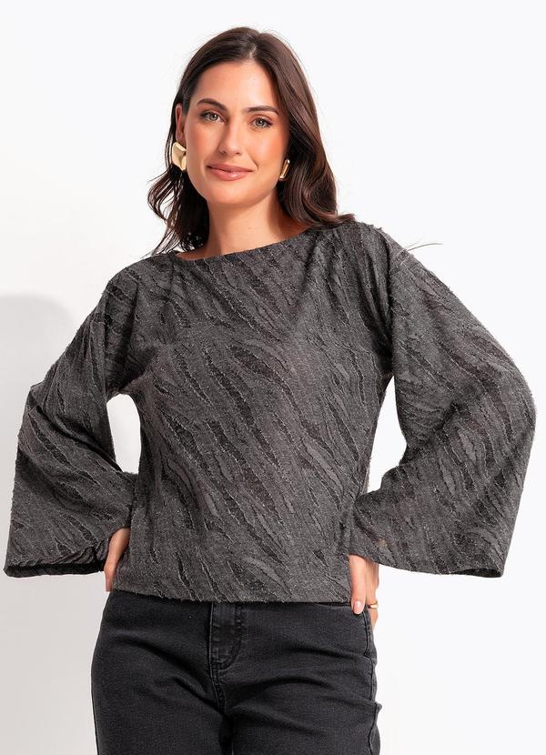 Blusa Cinza em Malha Jacquard com Textura