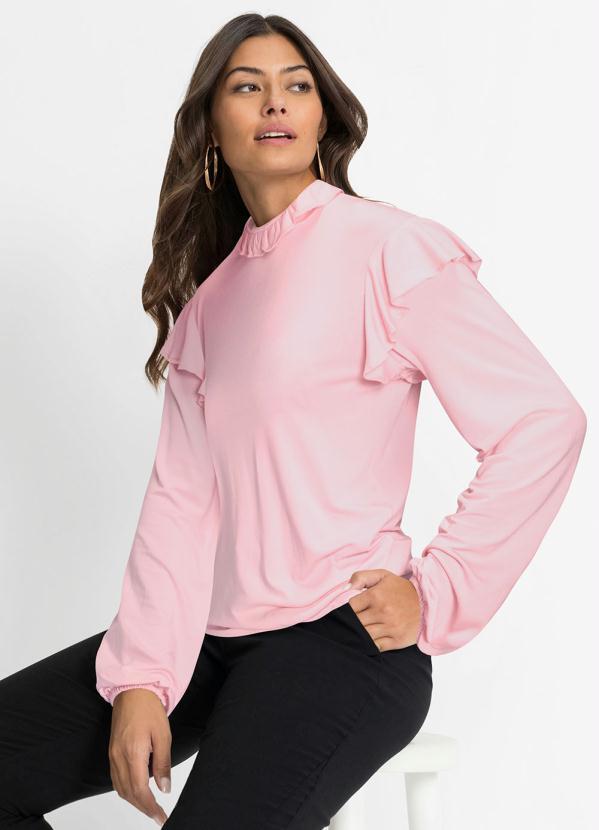 Blusa com Babados nas Mangas e no Decote Rosa