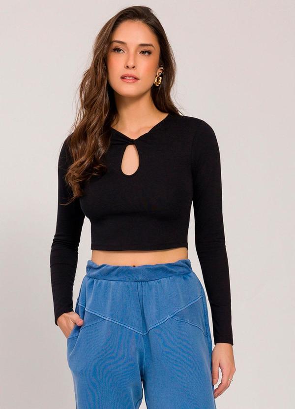 Blusa Cropped Manga Longa Preto