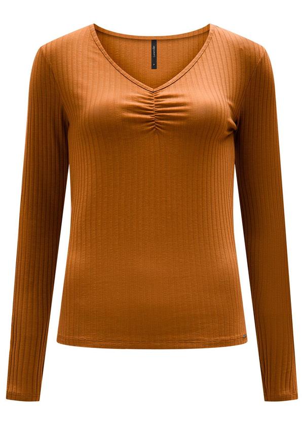 Blusa de Malha Canelada e Decote em V Laranja
