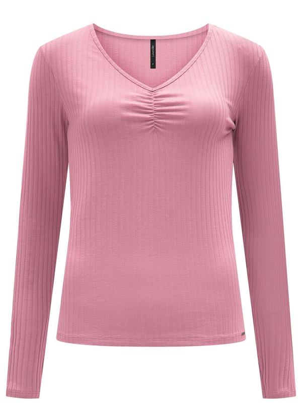 Blusa de Malha Canelada e Decote em V Rosa