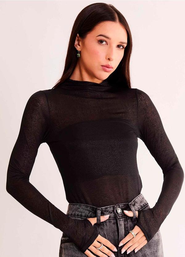 Blusa de Manga Longa em Tule Rendado Preto