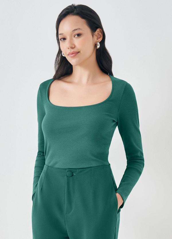 Blusa de Manga Longa Decote Quadrado Verde