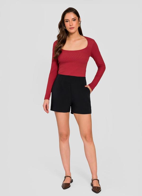 Blusa de Manga Longa Decote Quadrado Vermelho