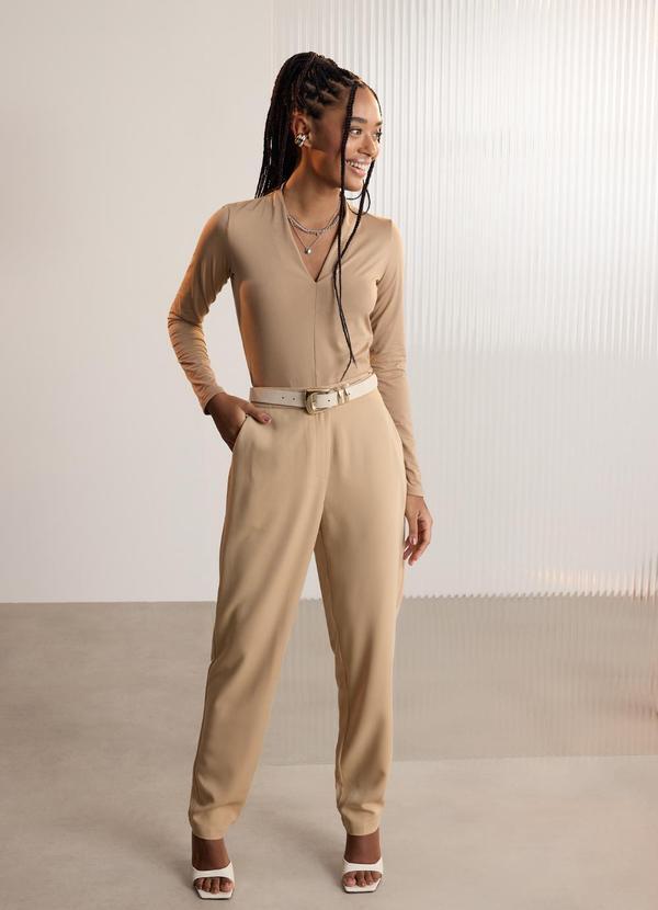 Blusa de Mangas Longas com Decote em V Bege