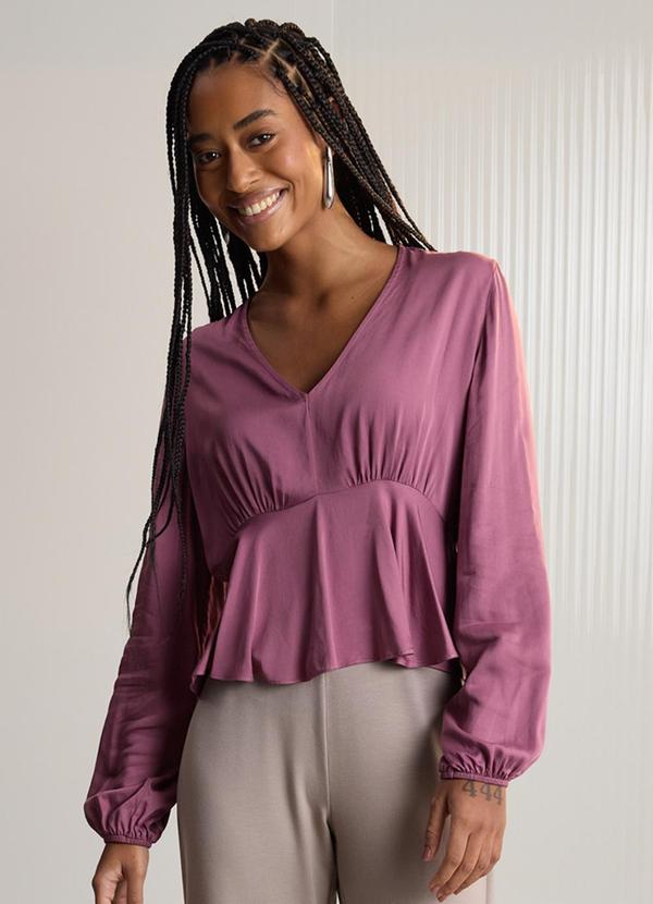Blusa de Mangas Longas com Decote em V Bordo