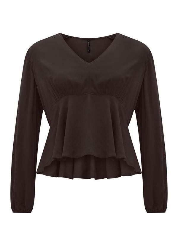 Blusa de Mangas Longas com Decote em V Marrom