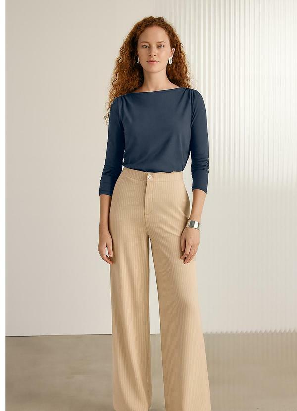 Blusa de Mangas Longas com Ombros Franzidos Azul
