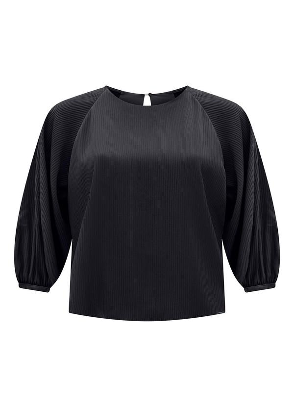 Blusa de Mangas Longas em Tecido Plissado Preto