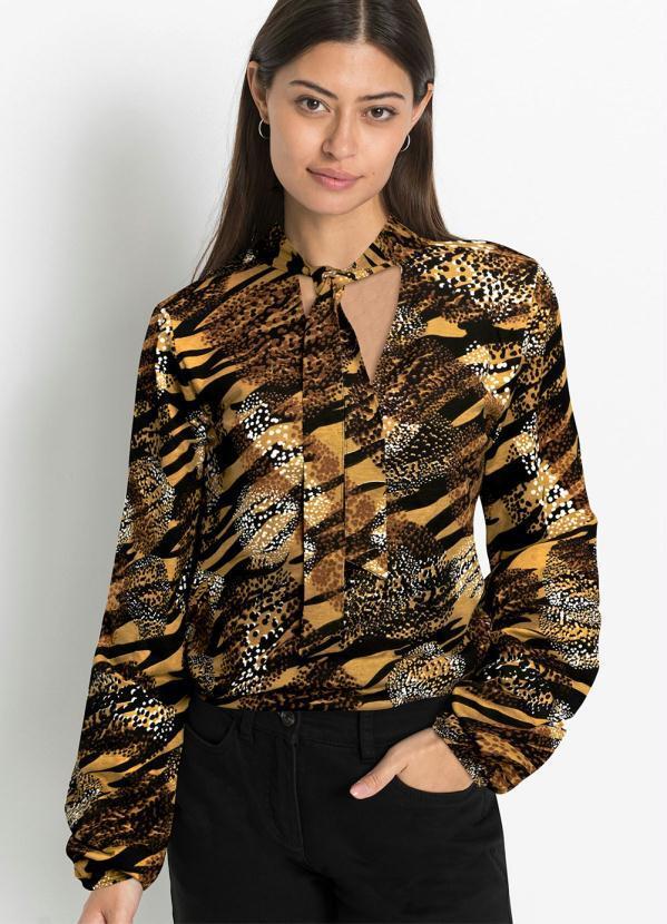 Blusa Decote Gravata Animal Print Preto