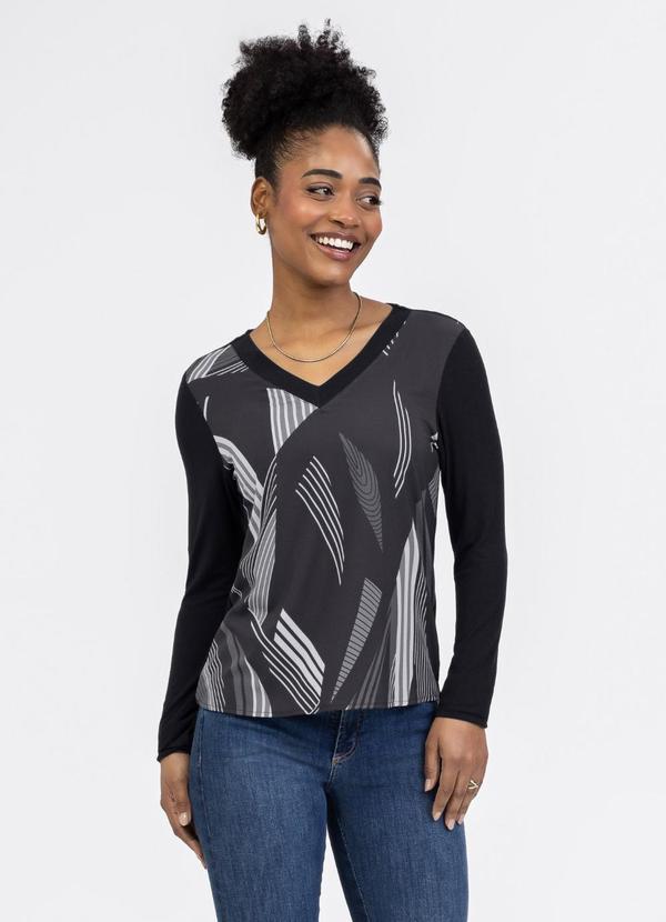 Blusa Decote V em Misturinha Preto