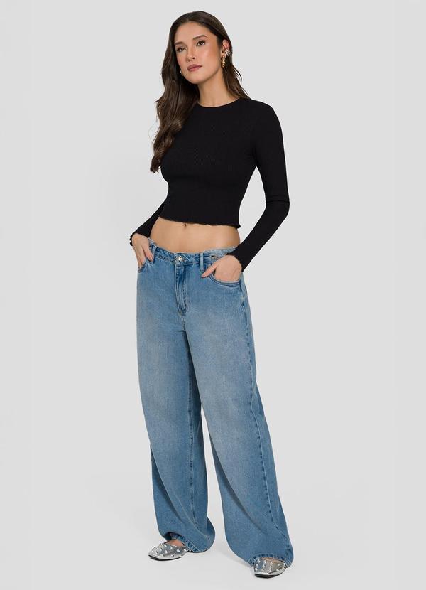 Blusa em Ribana com Acabamento Ondulado Preto