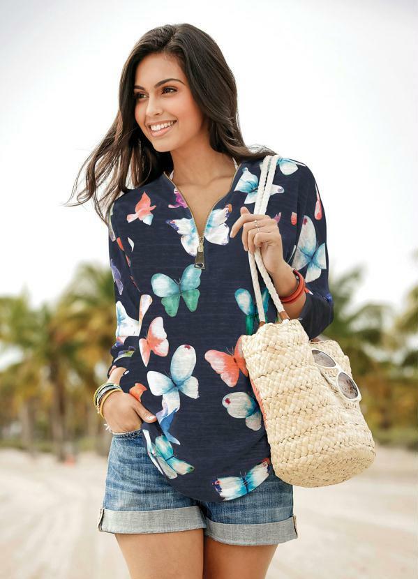 Blusa Estampada de Borboleta Azul Marinho