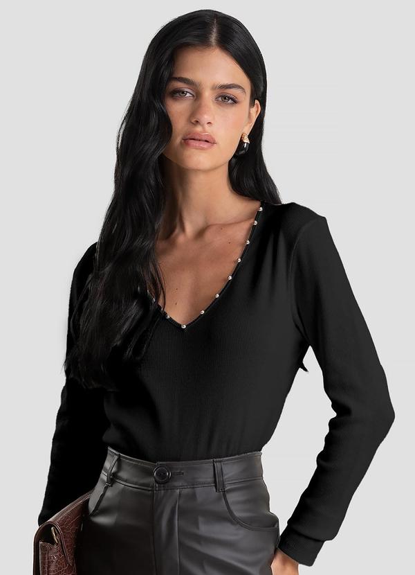 Blusa Feminina Canelada com Rebites Preto