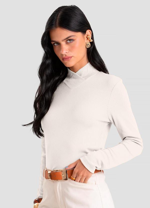 Blusa Feminina Gola Alta Cruzada Canelada Bege
