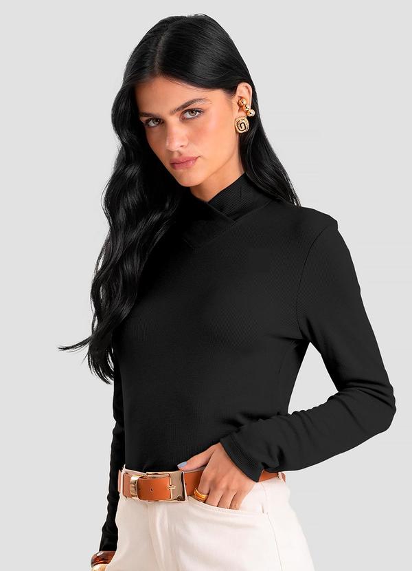 Blusa Feminina Gola Alta Cruzada Canelada Preto