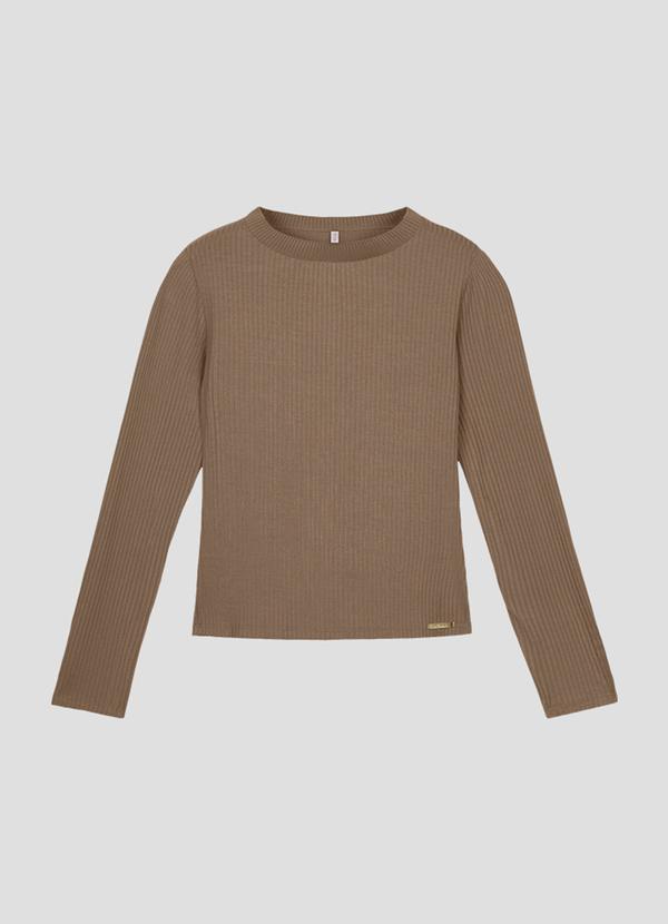 Blusa Feminina Manga Longa Canelada com Retilínea Marrom