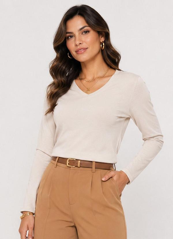 Blusa Feminina Manga Longa Decote V Bege