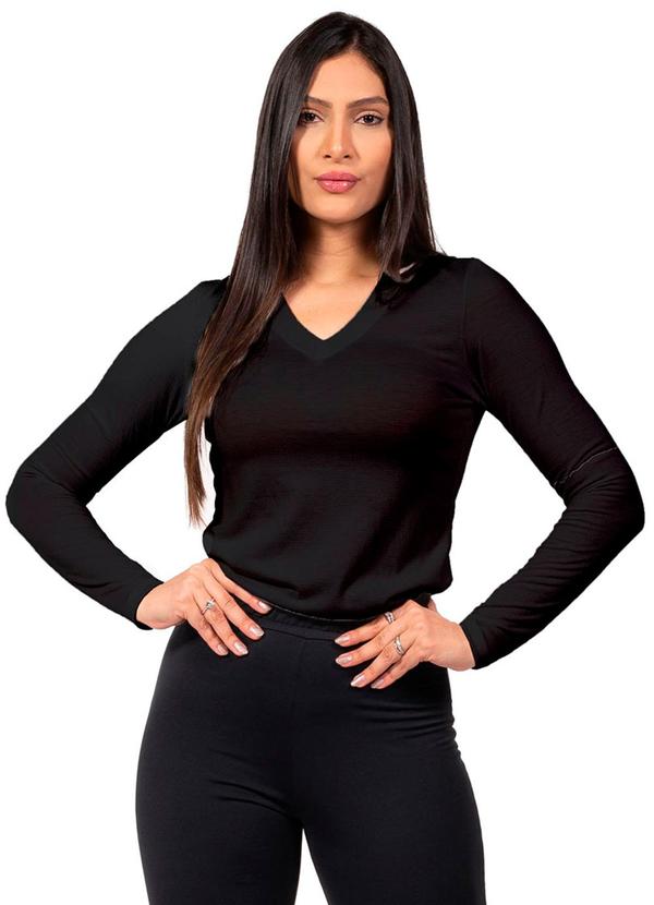 Vista 2 Blusa Feminina Manga Longa Decote V Preto Cobertura Cobertura