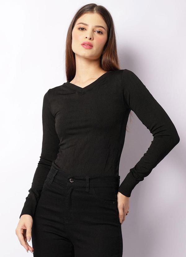 Blusa Feminina Manga Longa Maquinetada Preta