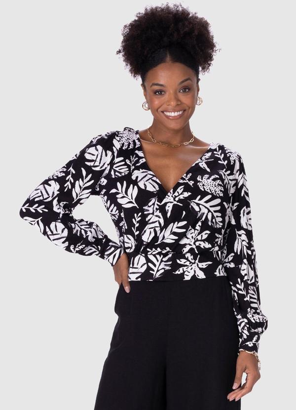 Blusa Feminina Tropical Canelada Decote V Preto