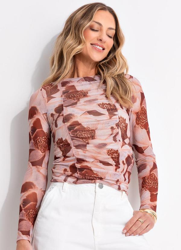 Blusa Floral Bege em Tule