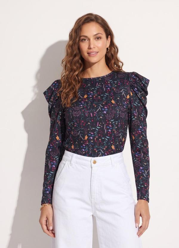Blusa Floral Preto com Mangas Bufantes