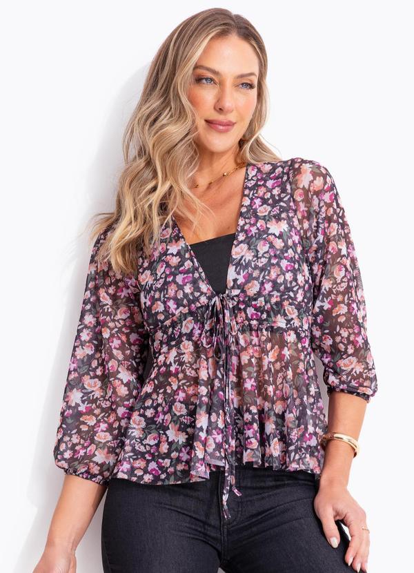 Blusa Floral Preto em Tule