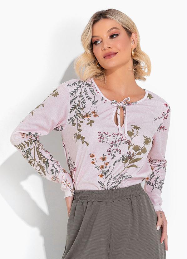 Vista 2 Blusa Floral Rosa com Decote Redondo Moda Pop Moda Pop