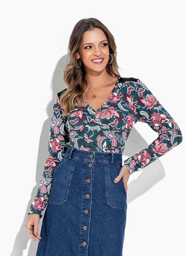 Blusa Floral Verde com Decote V