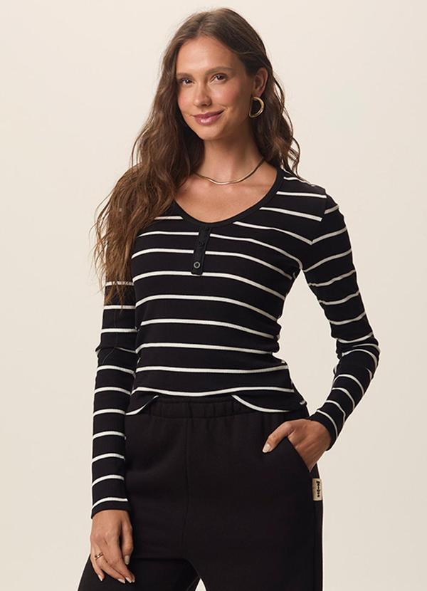 Blusa Justa em Ribana Listrada Preto