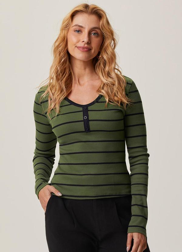 Blusa Justa em Ribana Listrada Verde Militar