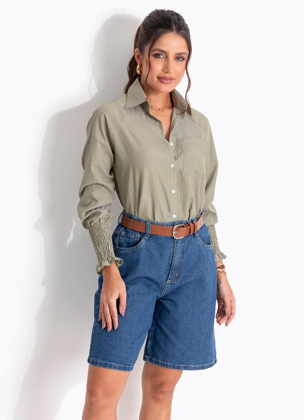 Blusa Listrada Verde em Poliéster com Algodão